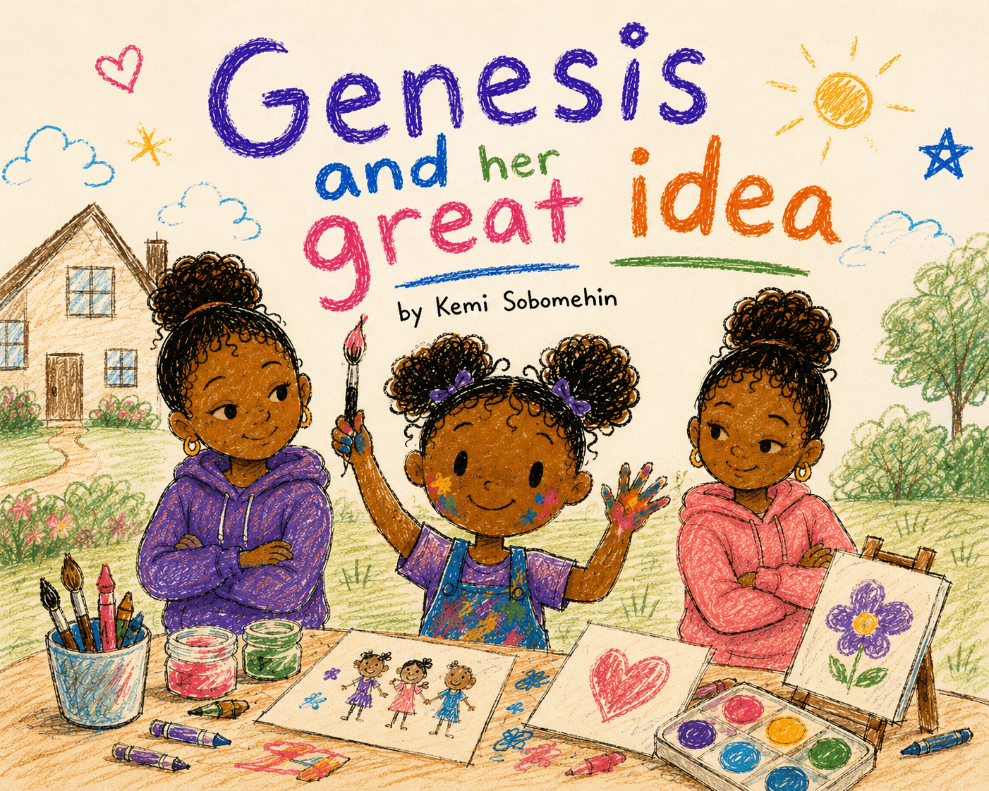Cover of Genesis and her great idea. Three sisters stand behind a table of crayons, paint jars and drawings outside their house.