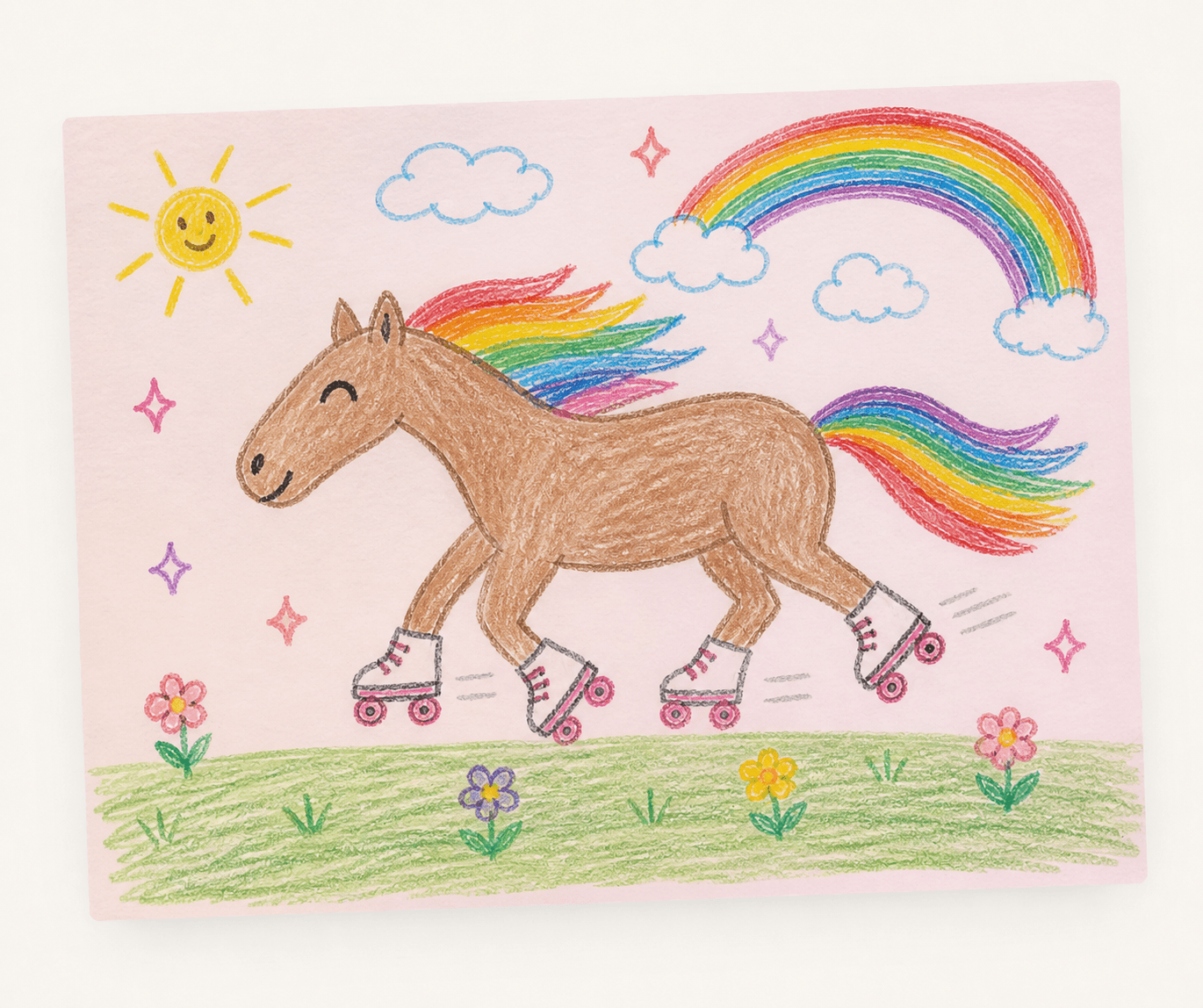 A horse with rainbow hair on roller skates, drawn by Kemi